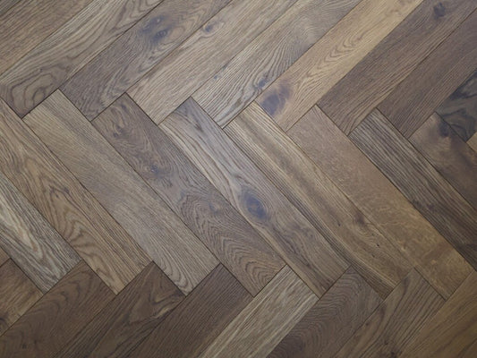 Timbercraft Herringbone Engineered Oak Parquet Flooring, Dark Smoked, Brushed & Oiled, 90x450x14 Mm