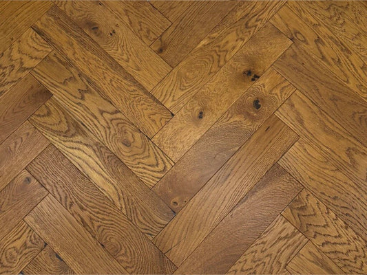 Timbercraft Herringbone Engineered Oak Parquet Flooring, Golden Smoked, Brushed & Oiled, 90x450x14 Mm