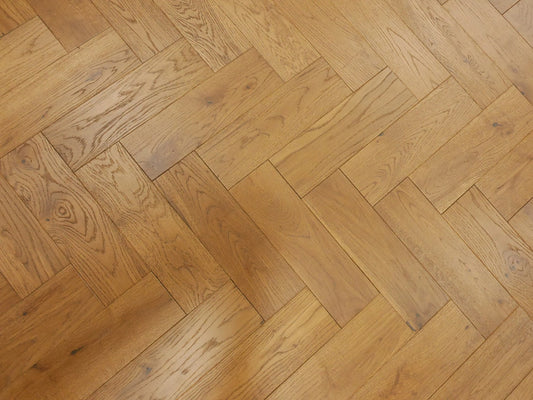 Timbercraft Herringbone Solid Oak Parquet Flooring, Golden Smoked, Brushed & Oiled, 90x300x18 mm