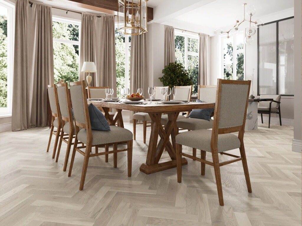 Timbercraft Herringbone Engineered Oak Parquet Flooring, Whitewashed, Matt Lacquered, 90x450x14 Mm