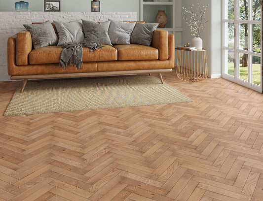 Timbercraft Elmswood Herringbone Parquet Oak Flooring, Smoked, Brushed & Oiled, 70x350x20 mm