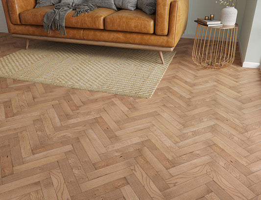 Timbercraft Elmswood Herringbone Parquet Oak Flooring, Smoked, Brushed & Oiled, 70x350x20 mm