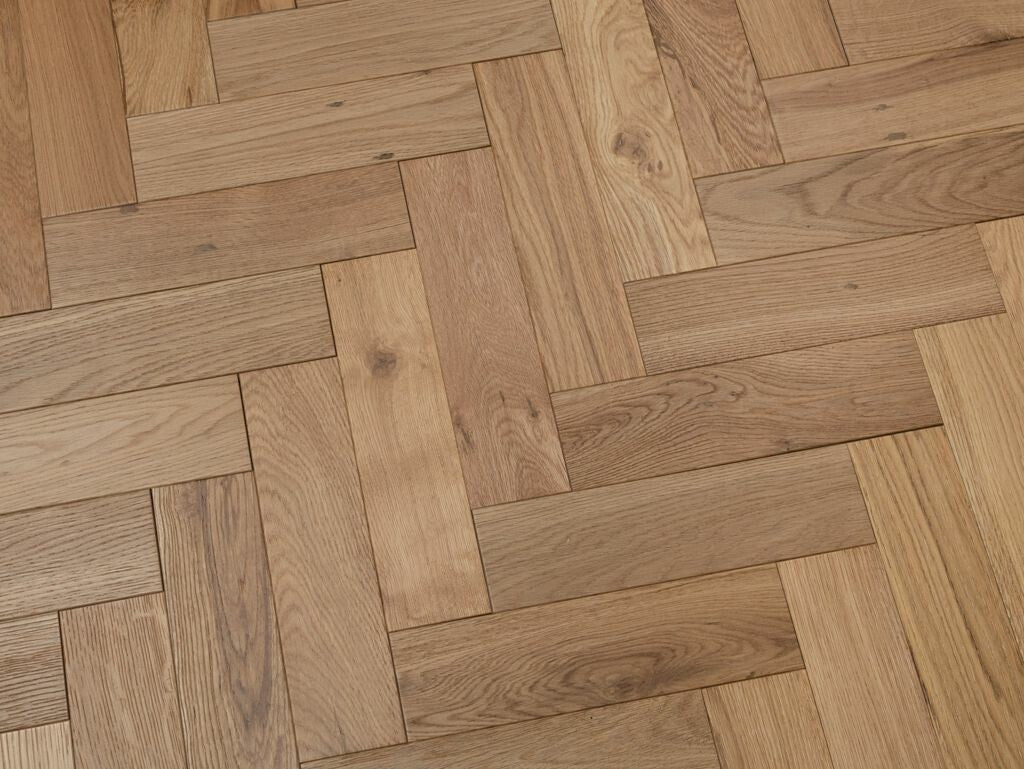 Timbercraft Herringbone Solid Oak Parquet Flooring, Brushed & Matt Lacquered, 90x300x18 mm