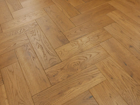 Timbercraft Herringbone Solid Oak Parquet Flooring, Golden Smoked, Brushed & Oiled, 90x300x18 mm