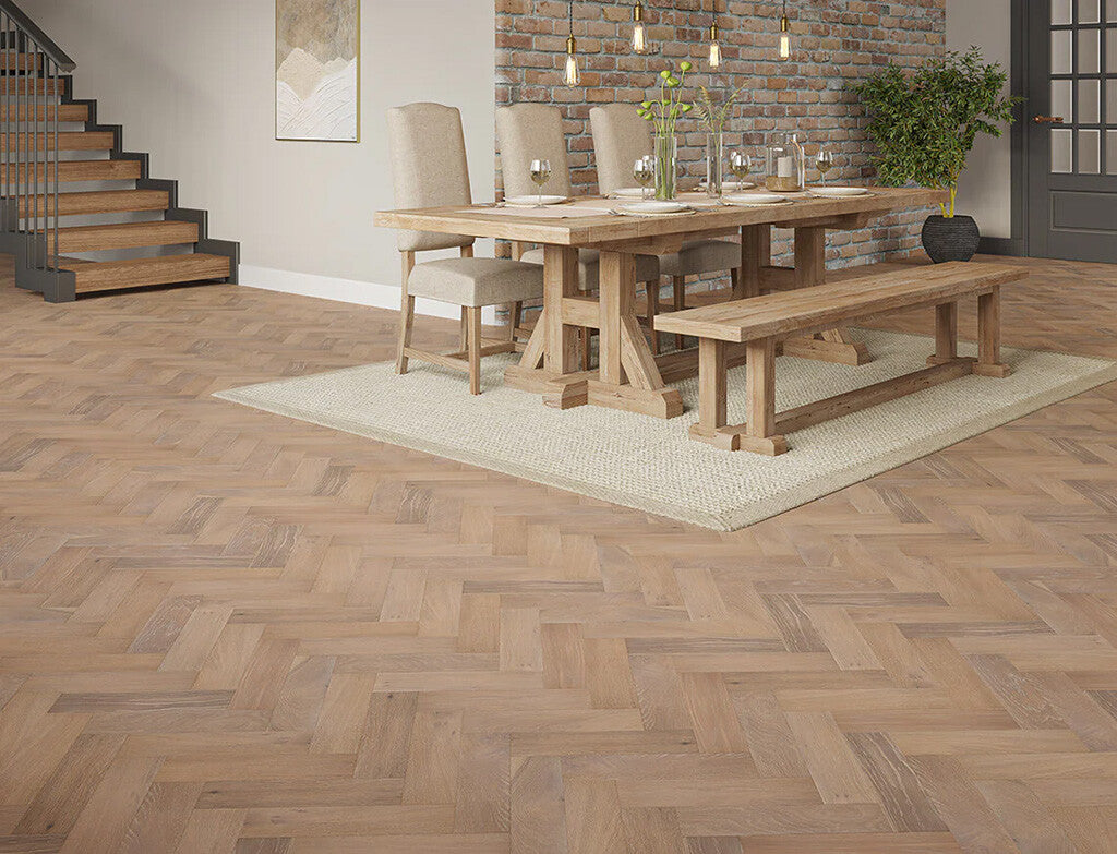 Timbercraft Belgravia Herringbone Oak Parquet Flooring, Brushed & Lacquered, 90x450x15 mm