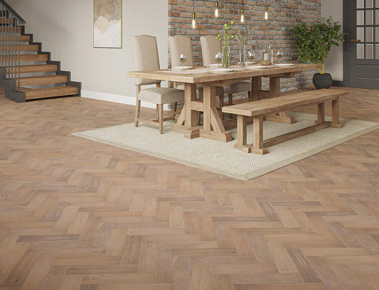 Timbercraft Belgravia Herringbone Oak Parquet Flooring, Brushed & Lacquered, 90x450x15 mm