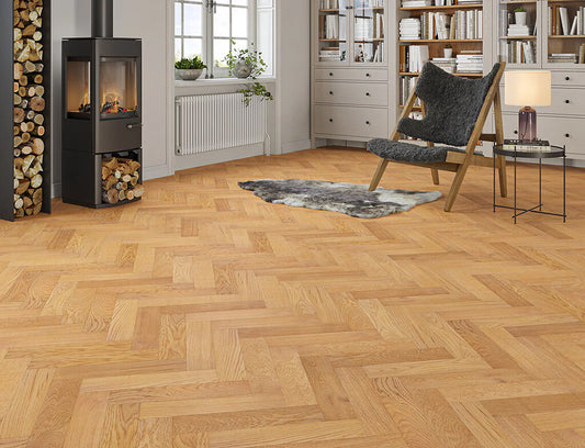 Timbercraft Haydown Herringbone Oak Parquet Flooring, Brushed & Lacquered, 90x450x15 mm