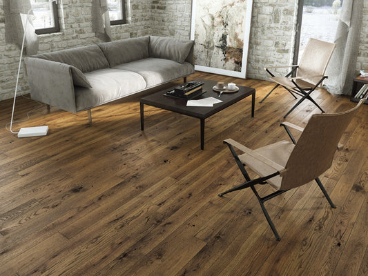 Timba Deep Smoked Engineered Oak Flooring, 130x2.5x14 Mm Brushed, Matt Lacquered